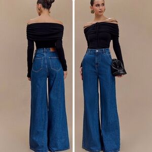 NEW MESHKI Jen Wide Leg Flare High Waisted Denim Jeans Dark Blue size 6